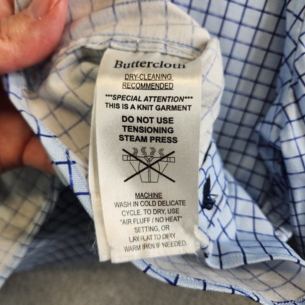 Butter Cloth Shirt Mens Large Blue Grid Check Flip Cuff Regular Fit Lightweight - Picture 10 of 16